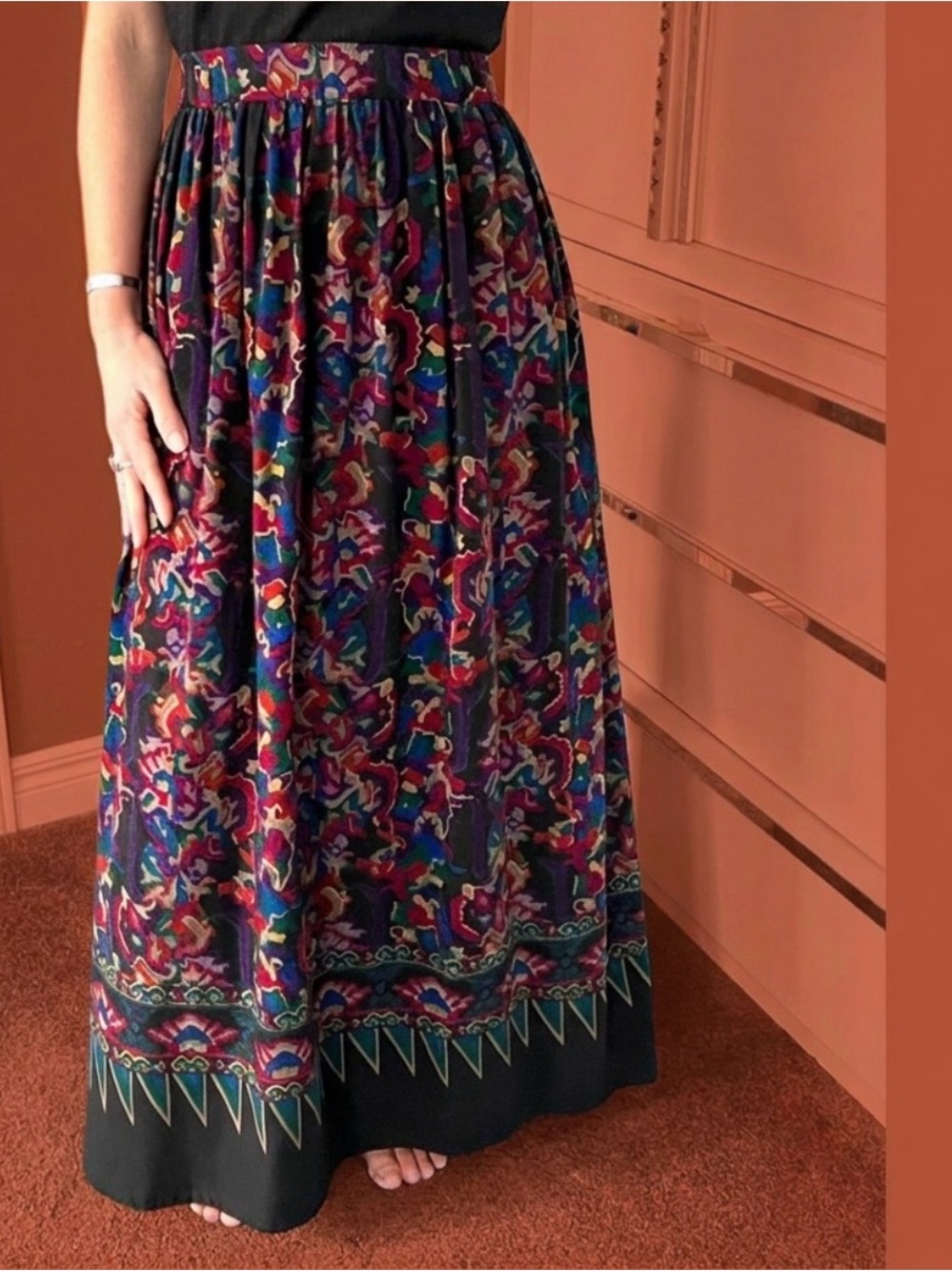 Vintage 90s Abstract Art Maxi Skirt – Custom Made, Multicoloured-gathered A-line